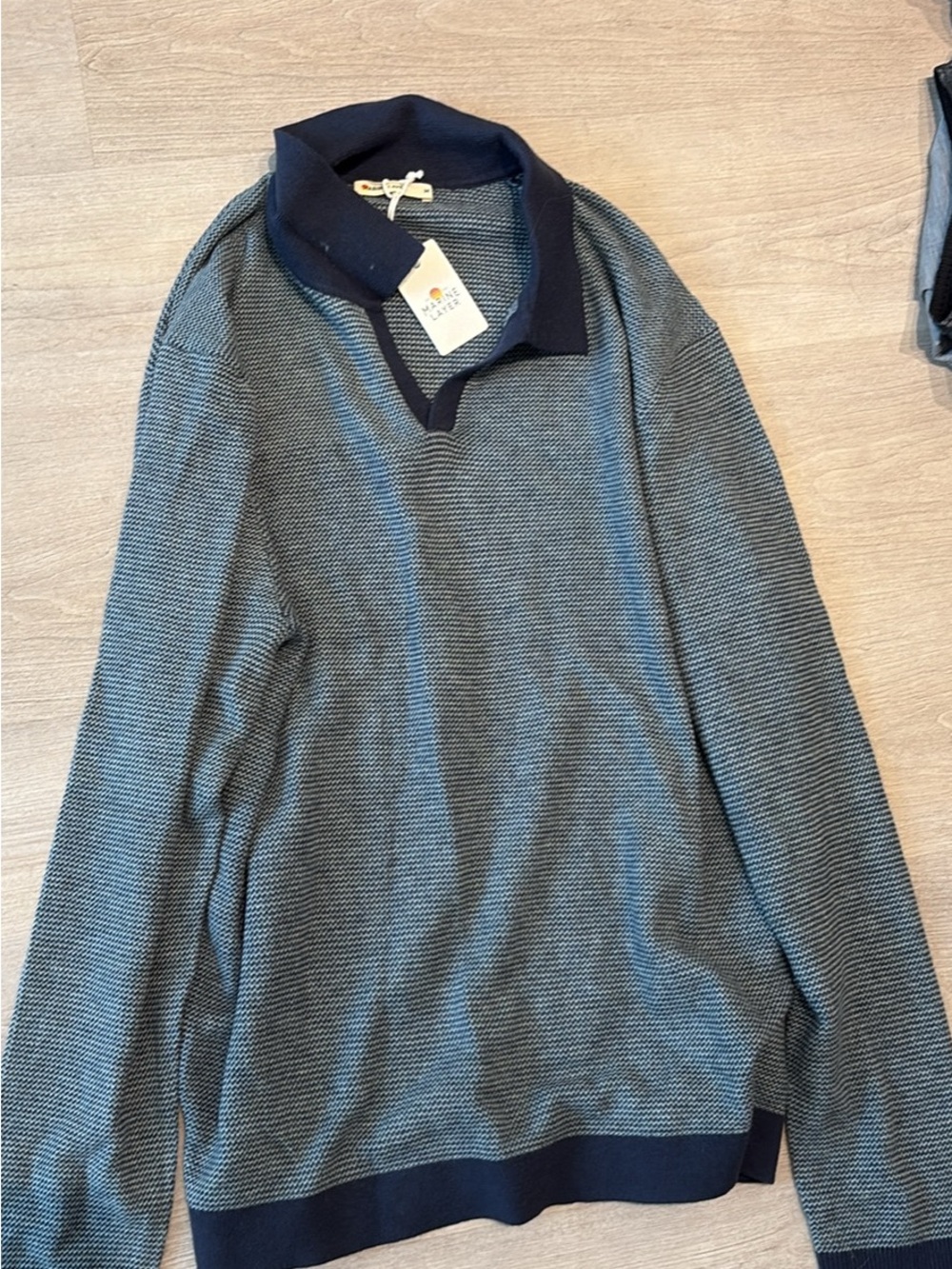 Marine Layer Men's Navy and Gray V-Neck Polo Sweater